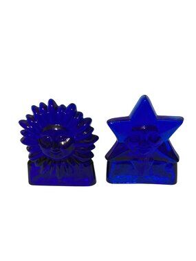 Cobalt Blue Glass Celestial Star & Sun Tealight Votive Candle Holders Whimsigoth